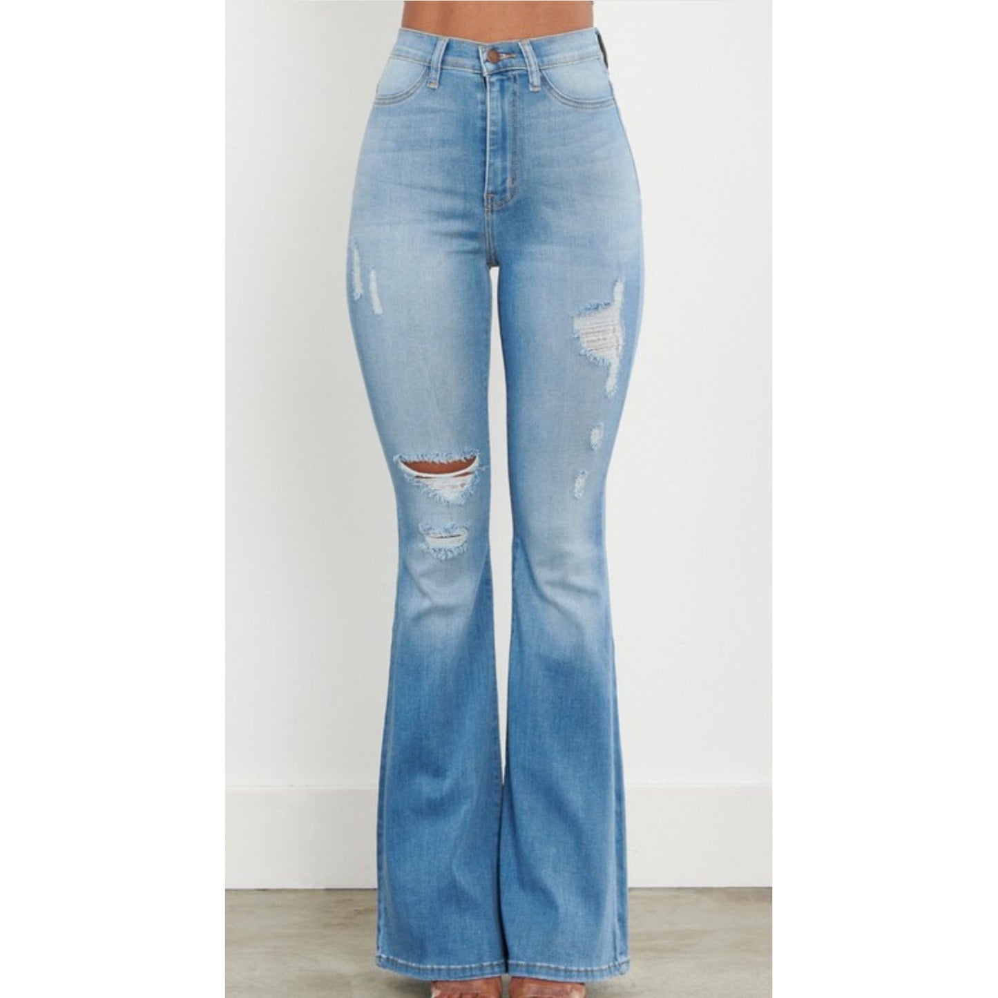 •Vibrant High Waisted Distressed Flare Jean•