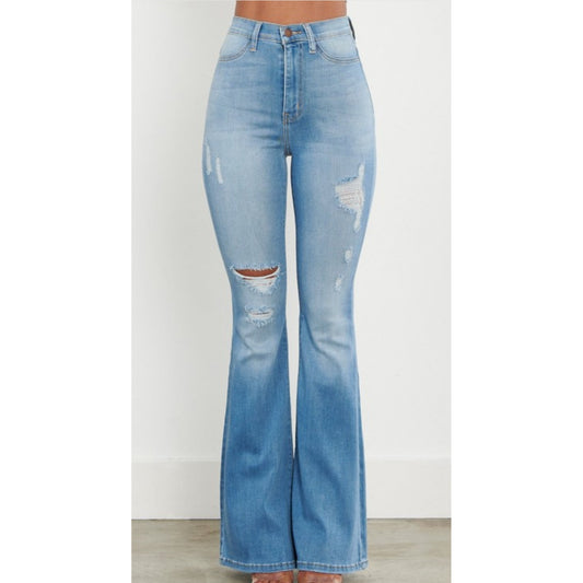 •Vibrant High Waisted Distressed Flare Jean•